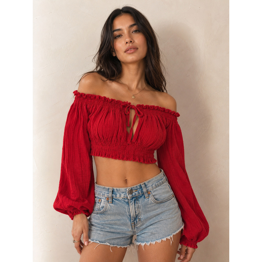 Vintage Bebe Boho Peasant Off Shoulder Crop Top Hippie Festival Size M